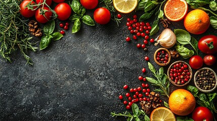 Fresh ingredients laid out for a vibrant cooking session in a rustic kitchen setting with colorful fruits and herbs