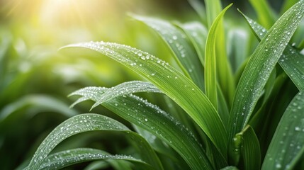 Obraz premium Dew-kissed leaves, sunrise, garden, freshness