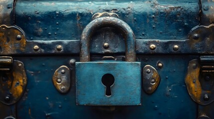 A blue lock with a keyhole on a wooden box