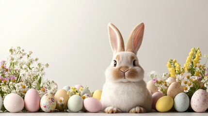 Obraz premium Adorable Bunny with Easter Eggs and Spring Flowers
