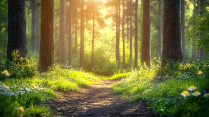 Obraz premium A serene forest path illuminated by sunlight, surrounded by lush greenery and white flowers, evoking peace and natural beauty. Ideal for environmental, travel, or nature-themed projects.