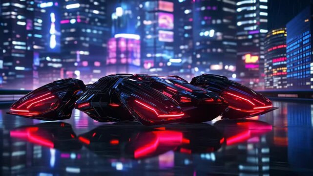 Futuristic black hovercar illuminated with neon lights in a vibrant cityscape