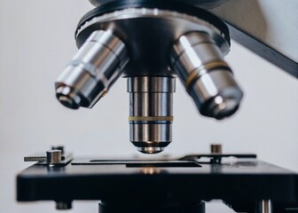 Close up of microscope in laboratory. Scientific research and development concept.