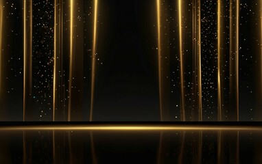 Elegant golden stage vertical glowing with lighting effect sparkle on black background. Template premium award design.