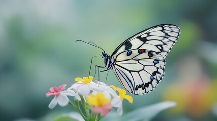 Naklejka premium Elegant butterfly perched on vibrant flowers in a serene garden setting