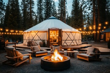 A yurt set up at a glamping site, featuring string lights, comfortable outdoor seating, and a scenic forest view
