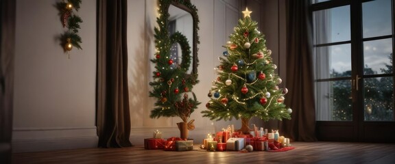 A Christmas tree decorated with ornaments and lights, Christmas tree, merry mood, holiday season