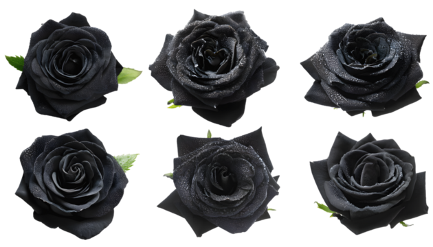  set of Close up of four fresh roses black with dewdrops on petals and leaves isoleted