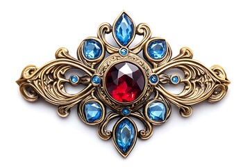 Ornate Gold Brooch with Red and Blue Jewels