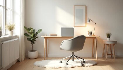 Bright Minimalist Home Office Setup: Desk, Chair, Plants, and Natural Light