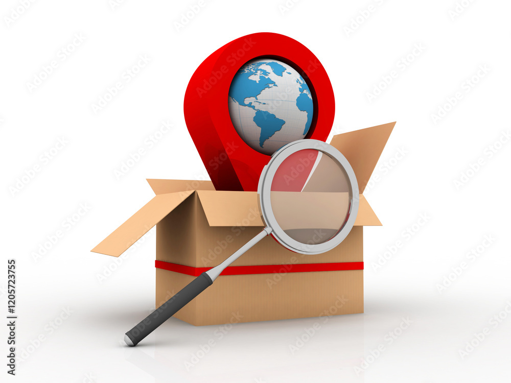 Poster 3d rendering red map pointer in card box