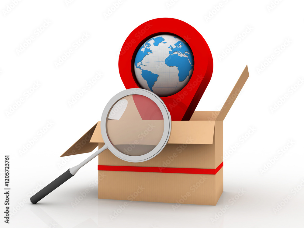 Poster 3d rendering red map pointer in card box