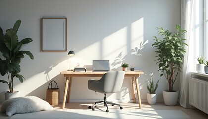 Bright Minimalist Home Office Workspace with Plants and Natural Light