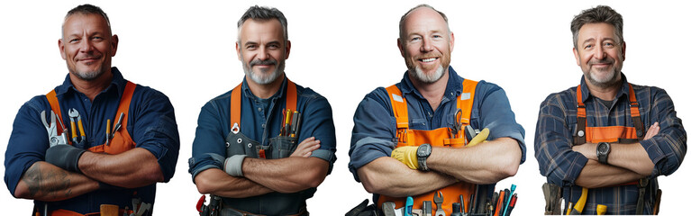Set of smiling middle-aged blue collar workers with tools isolated PNG on a transparent background