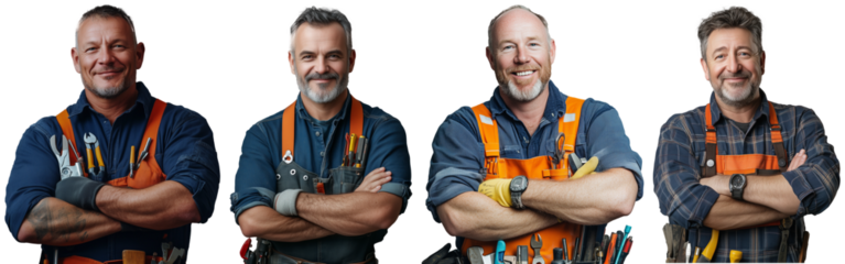 Set of smiling middle-aged blue collar workers with tools isolated PNG on a transparent background