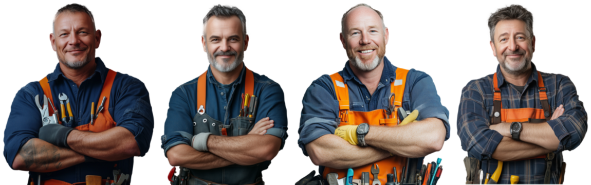 Set of smiling middle-aged blue collar workers with tools isolated PNG on a transparent background
