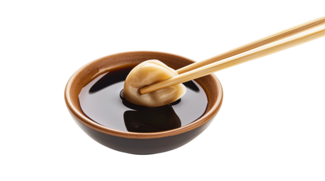 Dumpling dipped in soy sauce held by chopsticks, isolated on transparent background 