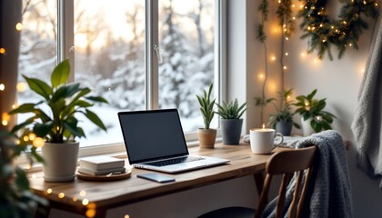 Cozy Winter Workspace by the Window: Laptop, Plants, and Festive Lights