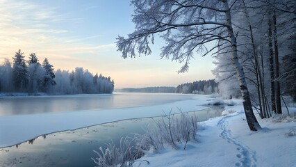 This photograph captures a serene winter scene featuring a partially frozen river or lake,