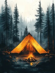A small, orange teepee is surrounded by trees and a fire