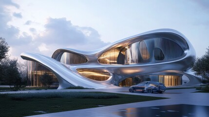 A futuristic research facility with metallic exteriors and advanced design