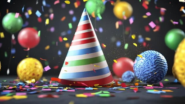 Colorful party hat surrounded by vibrant decorations and confetti