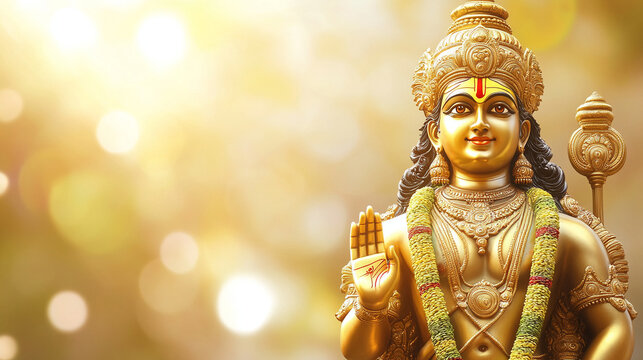 lord god Kartikeya (Murugan, Subrahmanya) seated with his Vel and peacock, Happy Thaipusam background