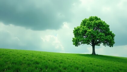 Overcast sky with a lone tree in the distance, leafy greens, overcast sky