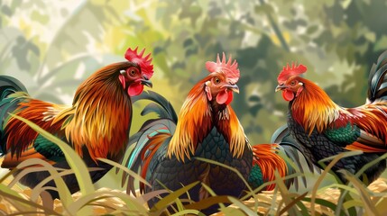 Fototapeta premium A chicken eating grains in a sustainable farm, with soft lighting and blurred wooden coops in the background, showcasing natural farming.