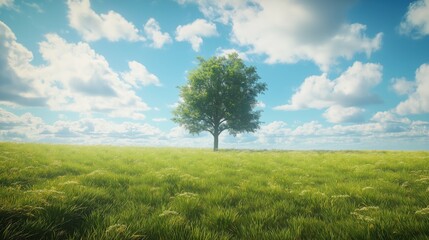 A tree stands in a field of grass, with a clear blue sky above it