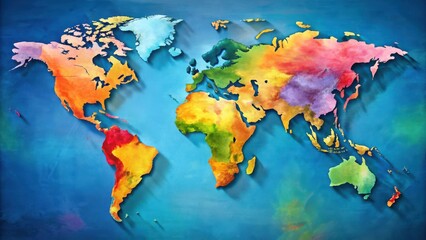 A vibrant, colorful map of the world with various countries and continents illustrated in different hues, showcasing geographical diversity , globe, cultural symbols