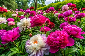 Obraz premium Aerial View of Magenta & White Peonies Blooming in Botanical Garden