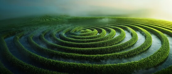 A serene landscape featuring circular rice terraces, showcasing vibrant green fields set against a misty background.