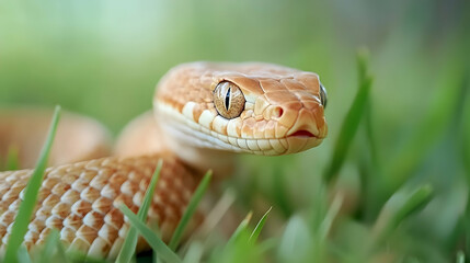 Fototapeta premium Close-Up of a Beautiful Orange Snake Relaxing in Green Grass