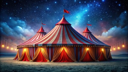 Circus tent at dusk with vibrant red fabric under starry night sky