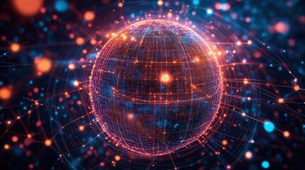 Obraz premium A glowing sphere with a red center surrounded by a network of blue