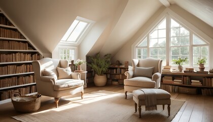 Serene Attic Reading Room with Bookshelves and Sunlight Streaming Through Large Windows