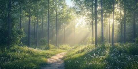 Obraz premium A serene forest path illuminated by sunlight, surrounded by lush greenery and white flowers, evoking peace and natural beauty. Ideal for environmental, travel, or nature-themed projects.