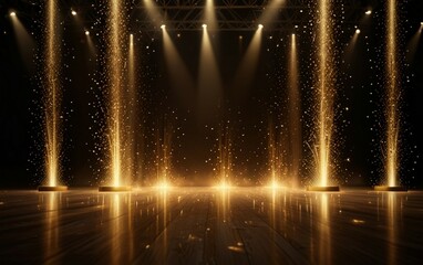 cinematic stage spotlights, golden particle atmosphere, dramatic upward beams, glowing floor reflection, starry lighting effect, dark luxury backdrop, premium awards ceremony scene