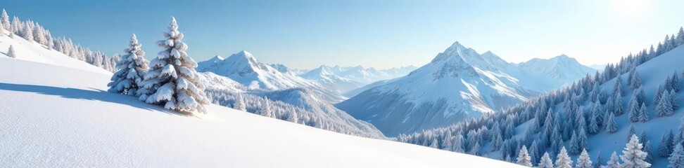 snowy peaks and valleys in a gentle landscape, rolling hills, shadow, snow-clad trees