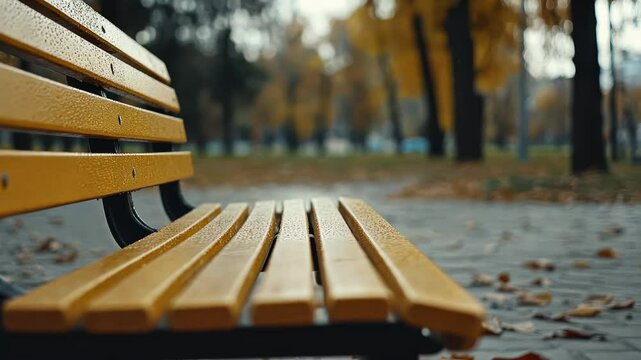 Rainy autumn park bench with fallen leaves and blurred background