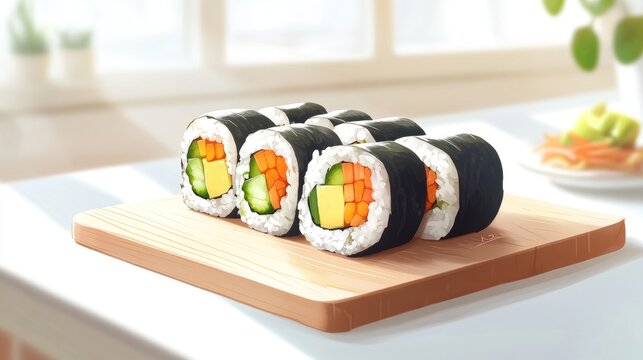 Vegetarian sushi rolls kitchen bright sunlight