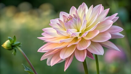 This photograph showcases a beautiful, fully bloomed dahlia flower with soft pink and yellow petals.