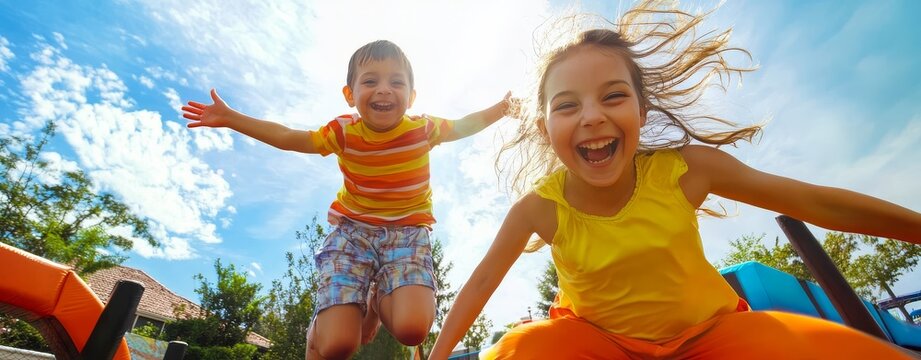 Joyful kids experiencing the thrill of trampoline play. - Powered by Adobe