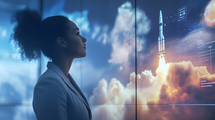 Woman Observing Rocket Launch on Digital Screen with Space Graphics