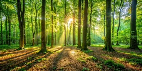 Fototapeta premium Warm sunlight filters through the leaves of a lush green forest, casting dappled shadows on the forest floor