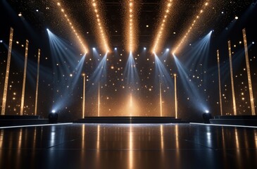 Cinematic stage spotlights, golden particle atmosphere, dramatic upward beams, glowing floor reflection, starry lighting effect, dark luxury backdrop, premium awards ceremony scene