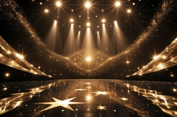 cinematic stage spotlights, golden particle atmosphere, dramatic upward beams, glowing floor reflection, starry lighting effect, dark luxury backdrop, premium awards ceremony scene