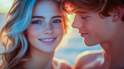 Fototapeta premium Young couple enjoying a romantic moment at sunset on a beach with vibrant colors enhancing their affection