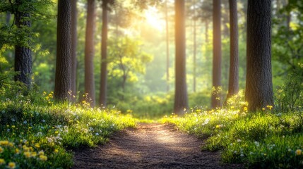 Fototapeta premium A serene forest path illuminated by sunlight, surrounded by lush greenery and white flowers, evoking peace and natural beauty. Ideal for environmental, travel, or nature-themed projects.
